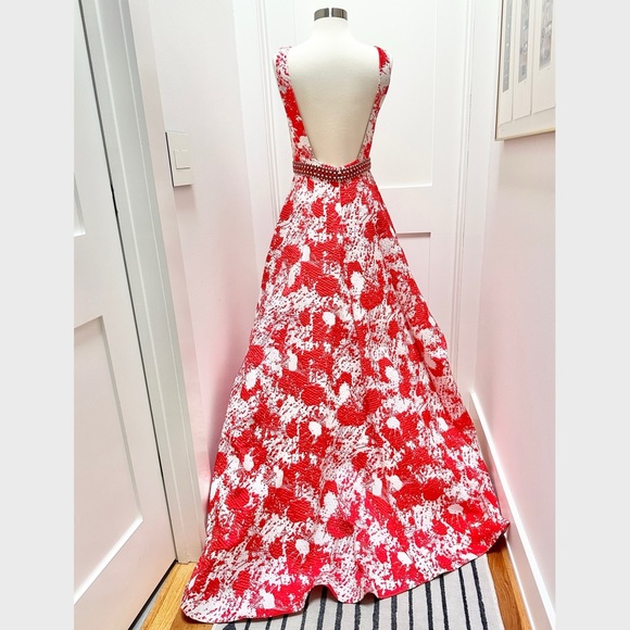 JOVANI Red and White Print Backless A-Line Evening Gown - Picture 6 of 16